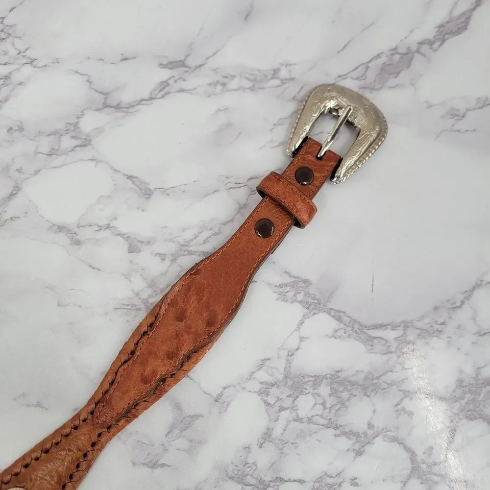 Brown Faux Ostrich Concho Belt with Silver Toned Buckle